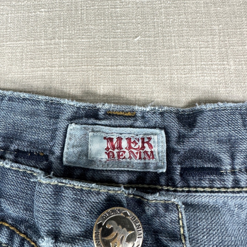 MEK Denim Mazatlan Jeans Mens 40 Blue Bootcut Distressed Embroidered Button Fly - Picture 13 of 16